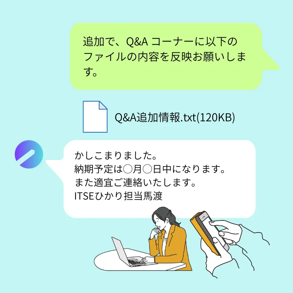納品されたLPの追加修正依頼をチャットをするシーン